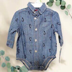 Baby B'gosh‎ Denim Long Sleeve onesie with Penguin Cotton chambray 3M NWT